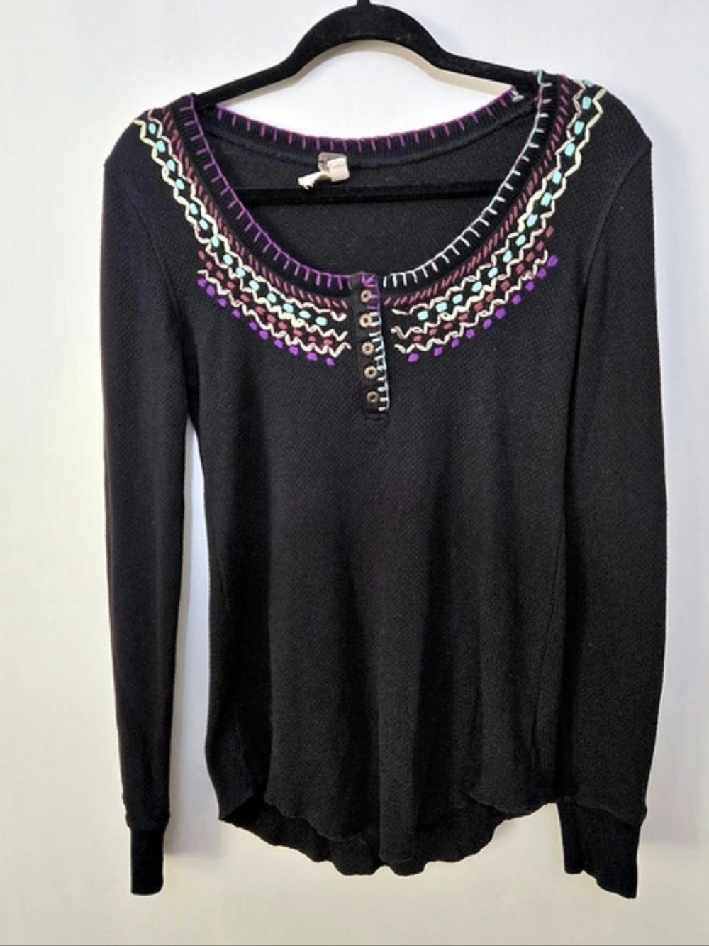 We The Free MONEY MAKER Fair Isle Embroidered Thermal Long Sleeve Black  Large